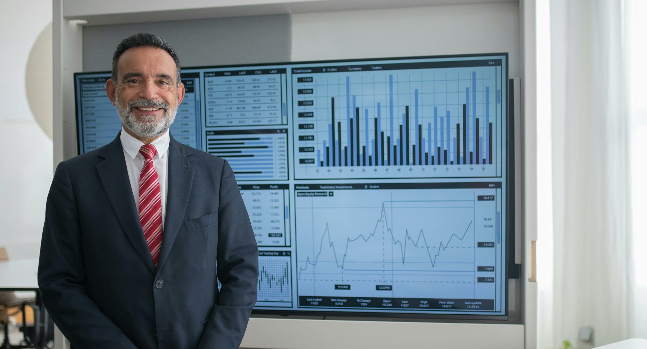 Smiling businessman in office analyzing financial graphs on a large screen, demonstrating professional success.